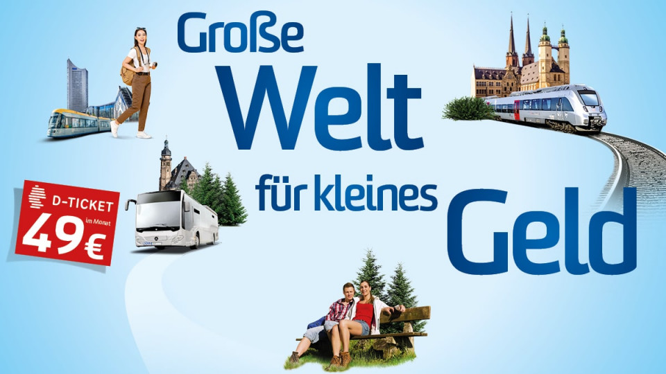 Vor einem hellblauen Hintergrund eine Straßenbahn in Leipzig, ein Regionalzug vor dem Dresdner Schloss und zwei Personen, die auf einer Bank im Wald sitzen.