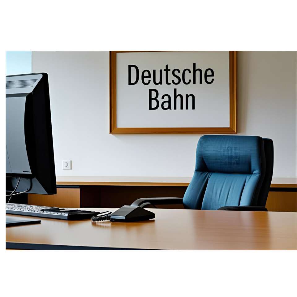 Leerer Schreibtisch mit Telefon, Tastatur und Monitor, dahinter ein blauer Bürostuhl und ein Bild mit der Aufschrift 'Deutsche Bahn'