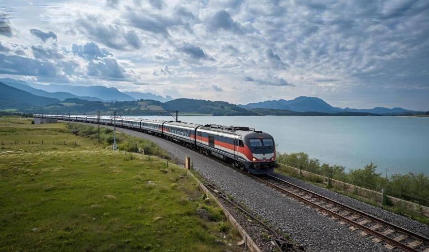 Personenzug mit rotem und grauem Design fährt auf Gleisen entlang eines Sees, umgeben von grünen Wiesen und Bergen unter bewölktem Himmel.