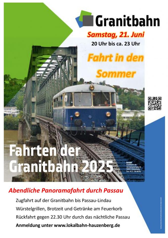 Plakat für die Sommerfahrt ein weiß-blauer Schienenbus befährt die Kräuelsteinbrücke.
