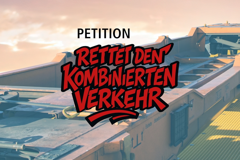 Im Vordergrund steht ein Schriftzug in auffälliger, roter Comic-Schrift: 'Rettet den Kombinierten Verkehr'. Darüber befindet sich das Wort 'Petition' in schlichter, schwarzer Großschrift. Im Hintergrund ist ein Teil eines Güterwagens mit gelber Gitterstruktur zu sehen, der in eine helle, wolkige Himmelslandschaft übergeht.