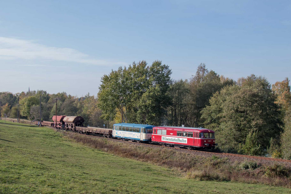 Zweiteiliger Schienenbus mit mehreren Güterwagen auf der Wisentatalbahn