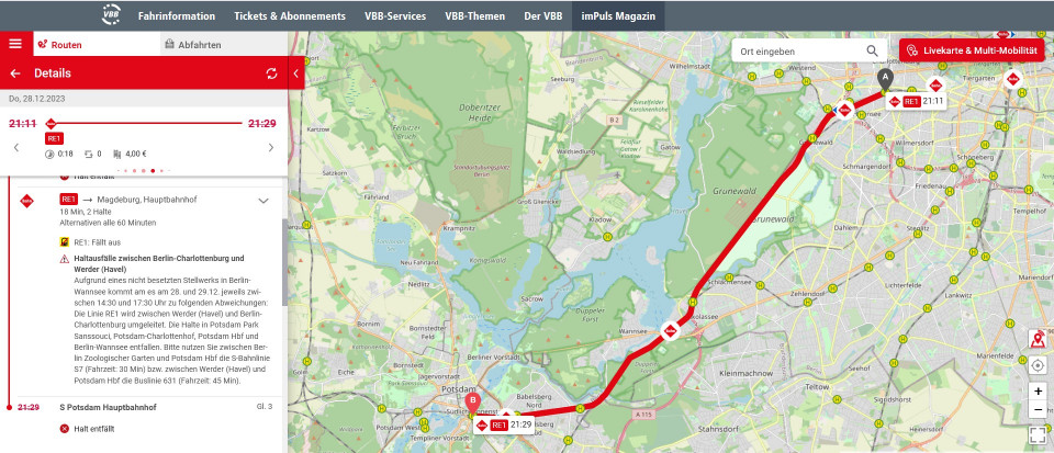 Screenshot der Livekarte des VBB mit der Meldung, dass der RE 1 nicht zwischen Charlottenburg und Werder fährt,. Der Zug um 21.29 Uhr, er soll ausfallen, aber in der 