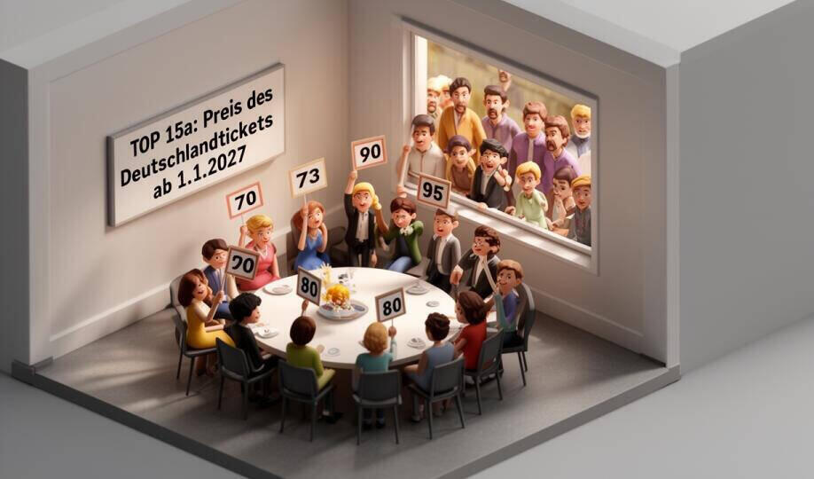 Menschenfiguren sitzen an einem runden Tisch und halten Schilder mit Zahlen hoch, an der Wand steht 'TOP 15a: Preis des Deutschlandtickets ab 1.1.2027'