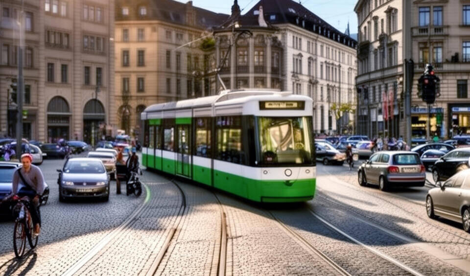 Das Bild zeigt eine belebte Straßenkreuzung in einer deutschenStadt bei sonnigem Himmel. Im Zentrum fährt eine Weiß-Grüne Straßenbahn auf Schienen, die sich durch kopfsteingepflasterte Straßen ziehen. Umgeben ist die Bahn von Autos, einem Radfahrer und historischen Gebäuden.
