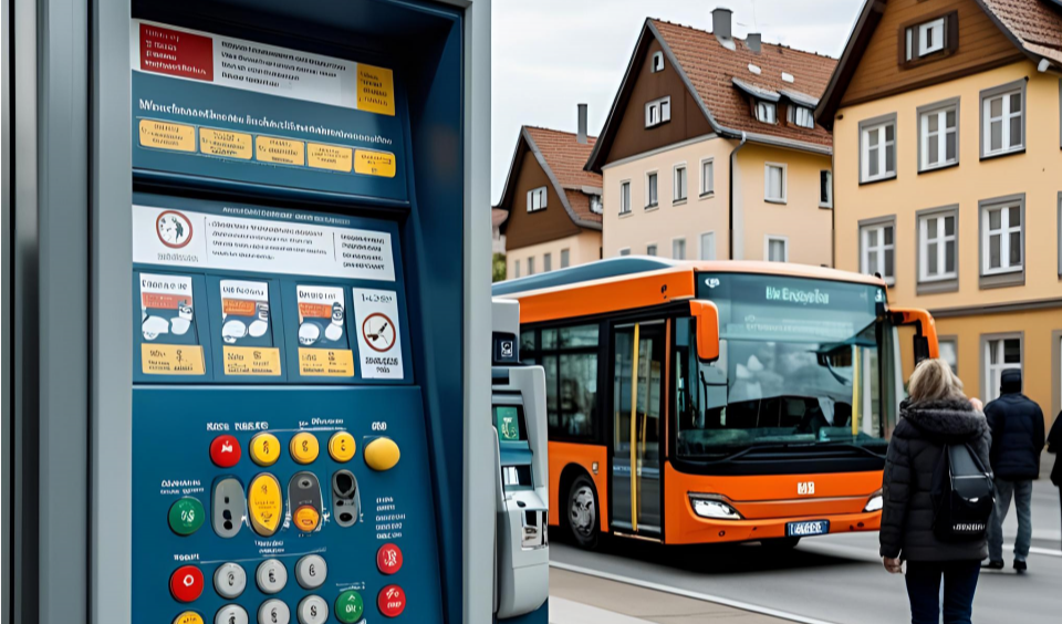 Fahrkartenautomat an einer Haltestelle, im Hintergrund steigen drei Personen mit Rucksäcken in einen Bus ein (Bild ki-generiert)