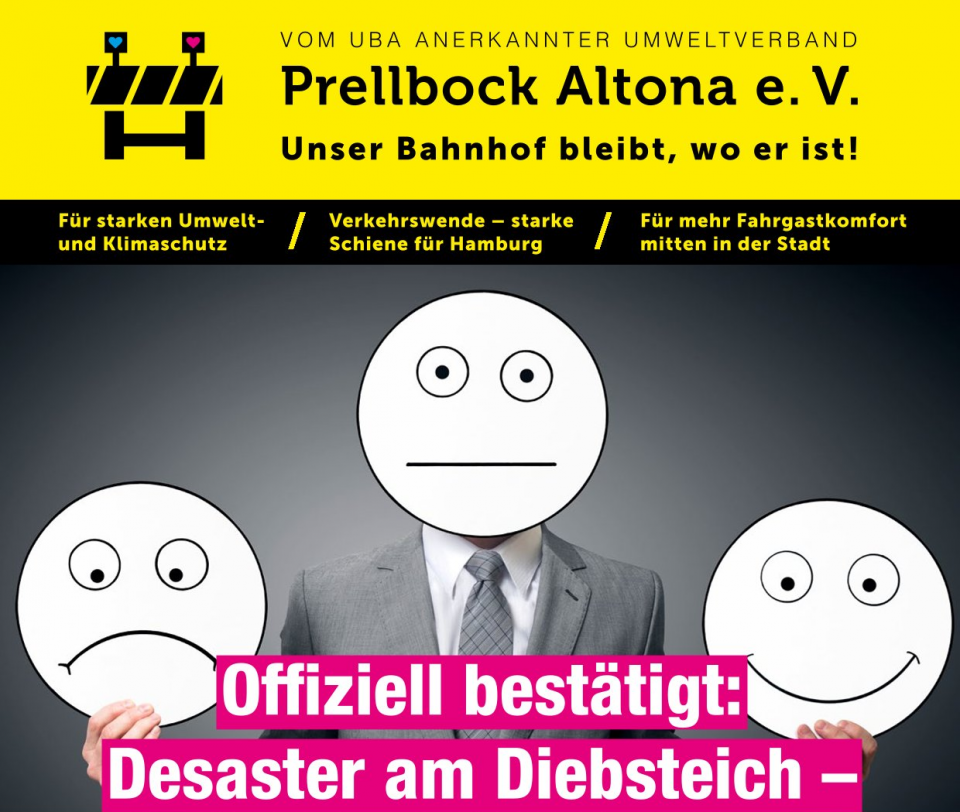 Ganz oben steht der Vereinsname "Prellbock Altona e. V.", darunter eine Person mit Anzug und Krawatte. Er selber und links und rechts neben ihm sind Symileys, die Gesichter verdecken.