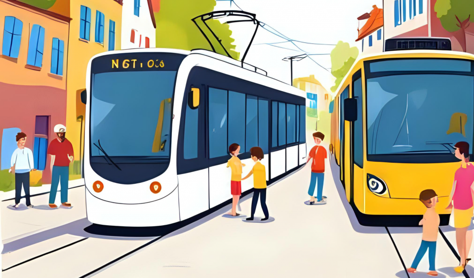 Eine Straßenbahnen und ein Bus stehen auf einer Straße zwischen bunten Häusern. Eine Straßenbahn ist weiß, die andere gelb. Mehrere Personen stehen und gehen auf dem Gehweg.