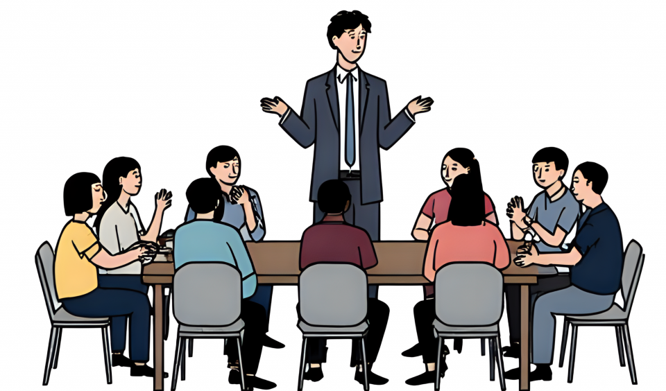 Eine Gruppe von zehn Personen sitzt um einen Tisch. Eine Person steht am Kopf des Tisches und spricht. Die Anwesenden sind in verschiedenen Positionen und Gesten dargestellt.
